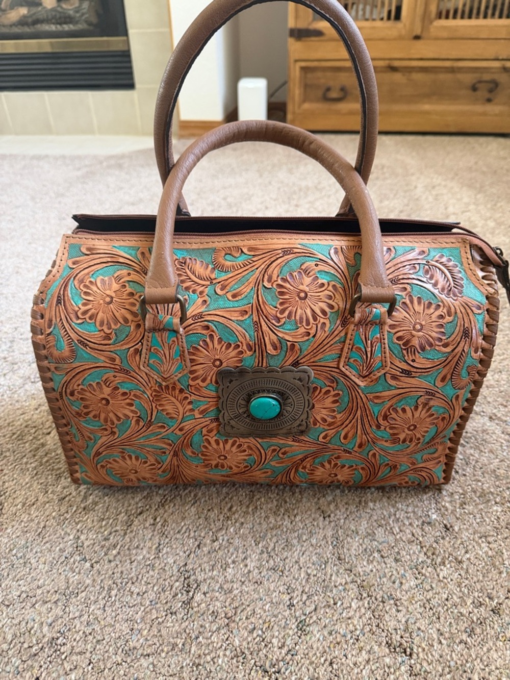 Tooled Floral Leather Large Satchel with Turquoise Accent